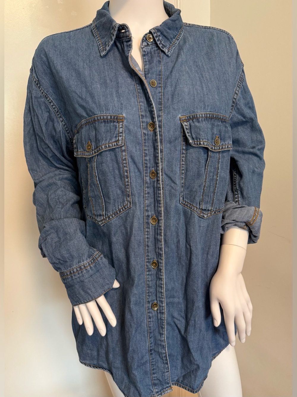 Free People Denim Button-Up Shirt W/ Black Side Panels Size M